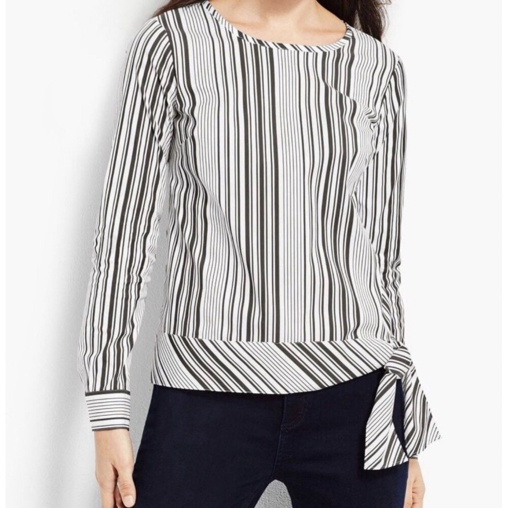 Talbots Poplin Black White Side-Tie Top Blouse In Parlor Stripe Size Large